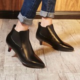 2016春秋冬女鞋女靴短靴子新款真皮5厘米中跟细跟尖头单靴及踝靴