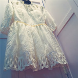 领口钉珠蕾丝连衣裙中袖七分袖短裙网纱蓬蓬裙白色公主裙夏季甜美