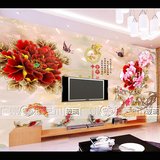 3D艺术玻璃电视背景墙 精雕刻钢化工艺 彩绘玻璃玄关牡丹花开富贵