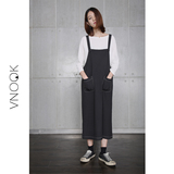 VNOOK2016夏新品 慵懒吊带白缝线长款宽松黑色直筒背带连衣裙 女
