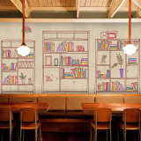 欧式清新简约书房客厅手绘3D书架墙纸休闲网咖沙发背景墙壁纸壁画