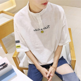 夏季七分袖T恤男韩国 宽松潮流韩版学生棉麻衣服立领刺绣短袖上衣