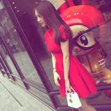 韩国代购2016春装新款女装修身短袖小香风中长款红色针织连衣裙夏