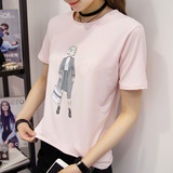 夏季韩版带领t恤女短袖卡通人物淑女百搭纯棉打底衫纯色女士体恤