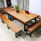 中式古典长条餐桌椅组合8人 铁艺实木长凳子松木餐桌会议桌长条椅