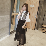 2016夏季新款韩版气质雪纺蕾丝衫拼接假两件连衣裙修身显瘦中长裙