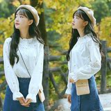 2016秋装韩版新款甜美宽松花边立领绣花长袖白衬衫学生打底上衣女