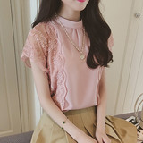 纯色蕾丝短袖雪纺衫韩国夏天学生甜美小清新上衣18-24周岁小衫女