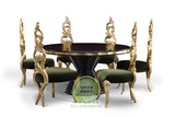 新古典餐桌椅组合 实木黑色圆桌 酒店家具6人位餐桌 欧式金银箔