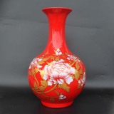 特价摆件 中国红花瓶 景德镇陶瓷牡丹赏瓶 家居客厅落地大红色款