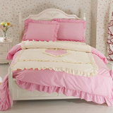 简约韩式儿童女孩粉色公主风荷叶边床裙式纯棉床套床单被套四件套