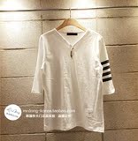 韩国正品男装代购TB风格修身气质V领七分短袖T恤横杠撞色16潮装