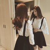 韩版春夏装高腰小香风蕾丝蓬蓬裙两件套半身连衣裙背带短裙套装女