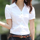 夏季新款白衬衫女短袖韩范V领泡泡袖修身职业装工作服显瘦雪纺衫