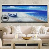 海景油画手绘玄关中式客厅沙发背景酒店卧室三联装饰画大海沙滩画