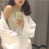 韩国原宿风bf外套女学生夏季韩版宽松百搭纯色中长款长袖防晒衬衫