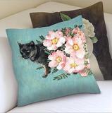 日系家居可爱猫咪花朵短毛绒抱枕靠垫创意个性沙发方形靠枕含芯