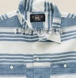 代购Ralph Lauren旗下高端RRL 男条纹棉麻短袖衬衫