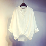 棉麻衬衫女夏季新款韩版前短后长白色衬衣宽松显瘦休闲长袖上衣潮