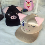 帽子女刺绣猪猫咪耳朵可爱帽子韩国平沿男女棒球帽卡通图案嘻哈帽