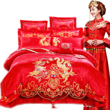 全棉贡缎提花四件套婚庆大红色刺绣喜庆中国风床上用品六八十件套