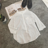 2016夏新款 韩版立领黑白竖条纹五分袖中袖衬衫棉麻宽松衬衣女