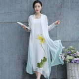 2016春夏季中国风女装棉麻连衣裙中长款宽松复古印花长裙两件套装