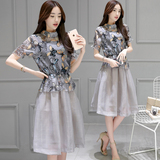 2016夏季新款两件套女装韩版欧根纱半身裙子短袖a字裙印花连衣裙