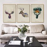 美式乡村装饰画动物抽象麋鹿客厅挂画复古沙发背景墙壁画三联有框