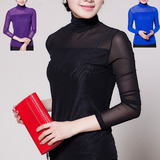 2016春韩版女装大码镂空网纱打底衫长袖蕾丝高领弹力T恤黑半透明
