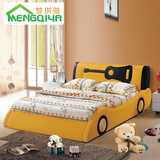 卧室简约真皮床双人床 现代儿童皮艺床 汽车造型黄色1.5米小户型