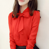 2016秋装新款韩版大码长袖T恤女修身雪纺打底衫显瘦甜美淑女衬衫