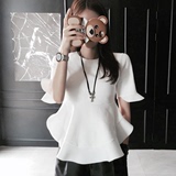 荷叶边袖收腰T恤女2016新款韩版休闲短袖纯色夏季修身显瘦上衣女