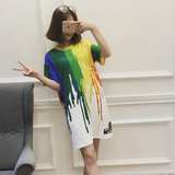 QGZ 韩版新款泼墨彩色涂鸦短袖T恤女夏中长款宽松显瘦打底衫潮H70