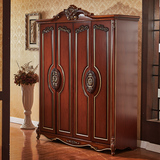 欧式衣柜实木雕花卧室组装4门板式衣橱新古典美式烤漆深色储物柜
