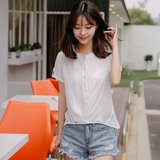2016新款夏装韩版百搭宽松时尚休闲雪纺衬衫短袖女T恤潮白色清新