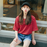 2016夏季韩版中长款宽松大码中袖条纹T恤女学生五分袖上衣打底衫