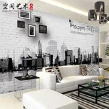 3D城市壁画素描无框画壁纸白色墙砖建筑黑白餐厅沙发电视背景墙纸