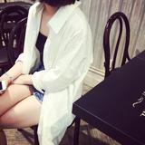 2016秋季新款韩版中长款白色长袖衬衫女宽松大码水洗棉时尚衬衣