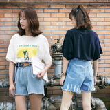 韩国夏季宽松圆领BF风百搭上衣女中长款字母卡通印花短袖T恤 T034