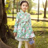 韩版童装女春秋 公主花朵印花双排扣可拆卸蕾丝衬腰带绿粉色 风衣
