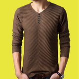 秋季薄款韩版男装v领男士长袖T恤修身 纯色大码套头针织打底衫潮
