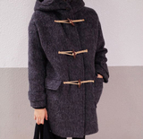 韩国女装2016秋冬款毛呢外套女中长款牛角扣连帽宽松羊毛呢子大衣