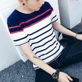 夏季男士短袖t恤圆领韩版修身青少年半袖上衣服潮流学生条纹体恤