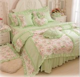韩式公主田园花边床上四件套纯棉可爱蕾丝被套床裙浓情绿 浓情粉