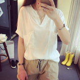 2016夏季韩版新款大码宽松简约休闲短袖棉麻衬衫女V领T恤亚麻衬衣