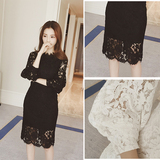 2016春装新款韩版中长款纯色长袖蕾丝连衣裙显瘦修身灯笼袖打底裙