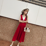 2016夏季韩版长款红色高腰修身显瘦雪纺背带裙女气质无袖连衣裙子