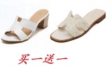 2015 欧洲站潮流 夏季新款小白鞋h拖鞋 时尚中跟粗跟真皮 凉拖女