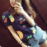 美美的夏夏同款精美刺绣可爱水果短袖韩国学生百搭夏季薄款针织衫
